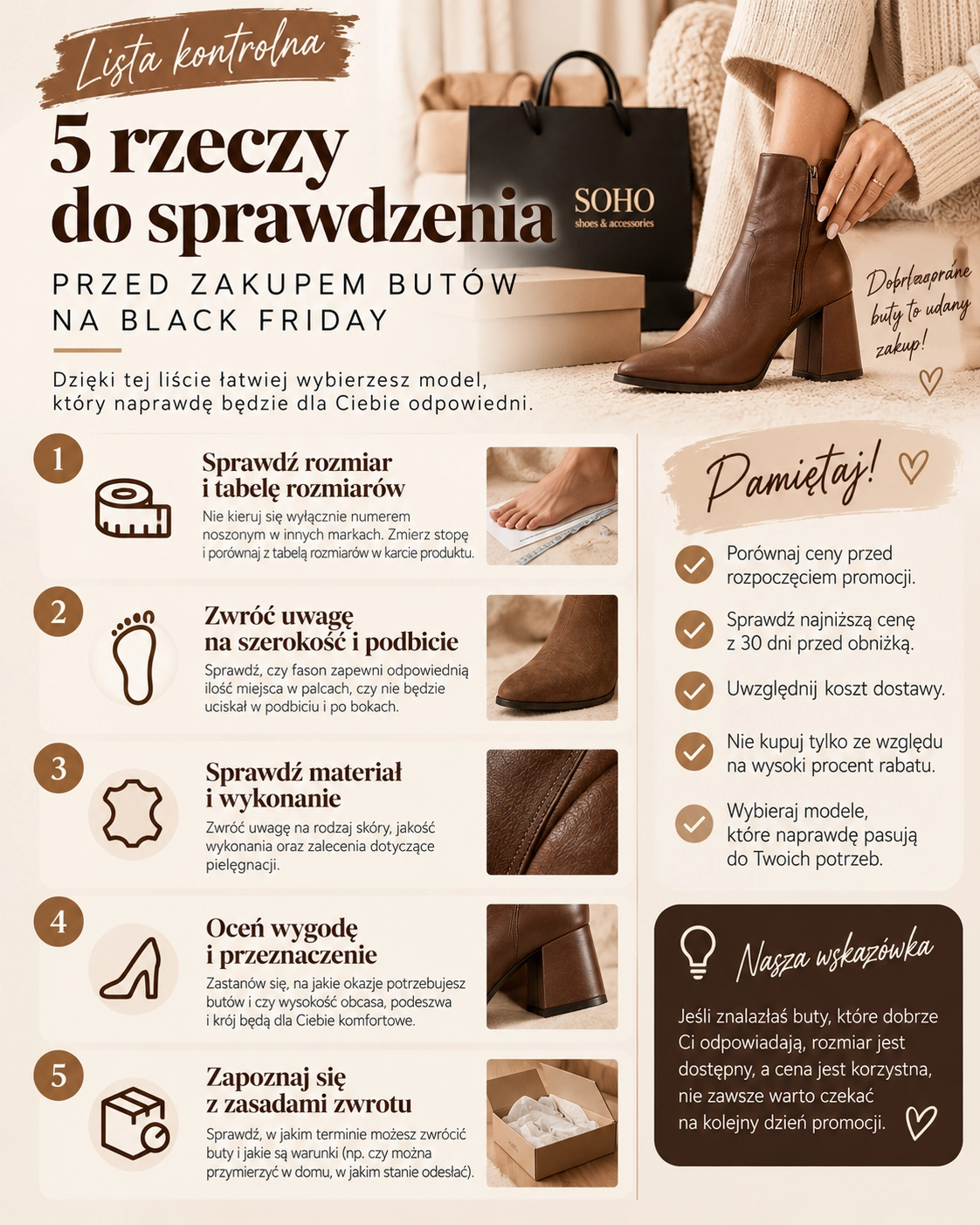 Lista kontrolna SohoButy: pięć rzeczy do sprawdzenia przed zakupem butów na Black Friday 2026 – rozmiar, szerokość stopy i podbicie, materiał, wygoda oraz zasady zwrotu.