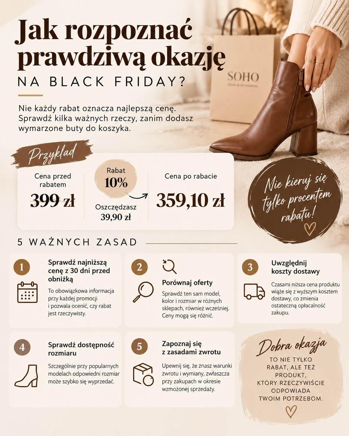 Jak rozpoznać prawdziwą promocję na buty podczas Black Friday 2026? Przykład rabatu 10 procent oraz pięć zasad: porównanie cen, sprawdzenie najniższej ceny z 30 dni, kosztów dostawy, rozmiaru i zwrotów.