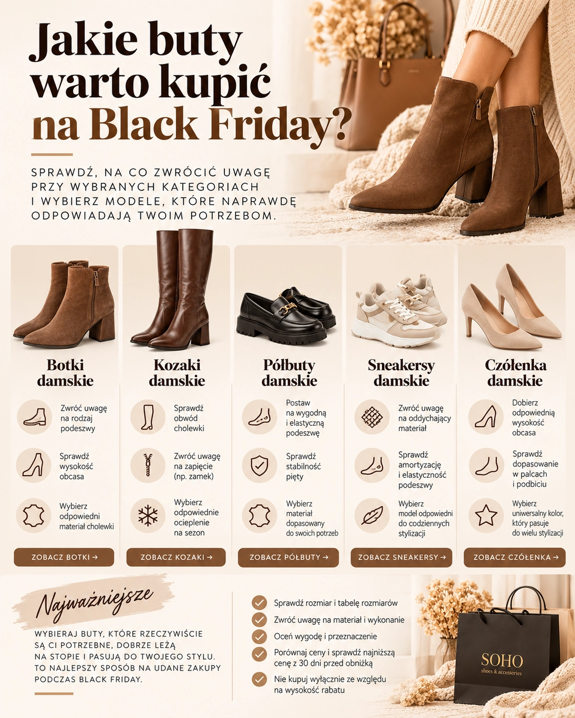 Jakie buty warto kupić na Black Friday 2026? Infografika SohoButy z botkami, kozakami, półbutami, sneakersami i czółenkami oraz wskazówkami dotyczącymi wyboru każdego fasonu.